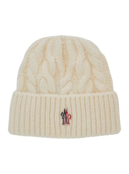 Caciula White beanie with cable knit design and logo patch on the front in wool blend for women