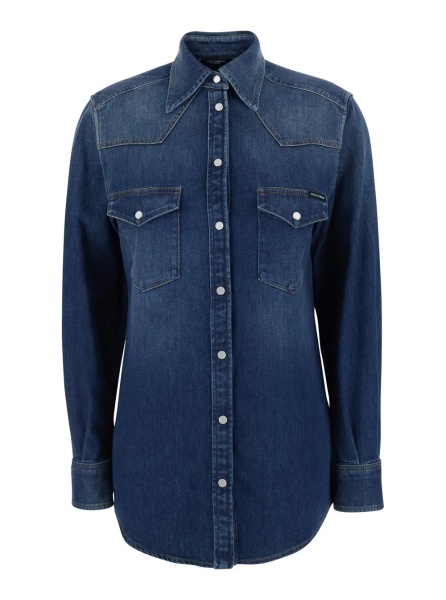 Camasa blue Shirt with classic collar and metallic logo patch on the back in denim for women