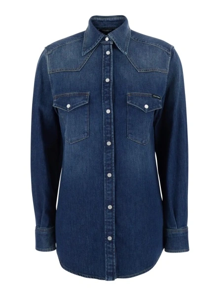 Camasa blue Shirt with classic collar and metallic logo patch on the back in denim for women