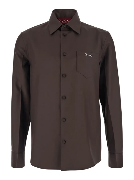 Camasa Brown Shirt with Classic Collar and Horsebit on the Front in Cotton Blend and Fabric Man