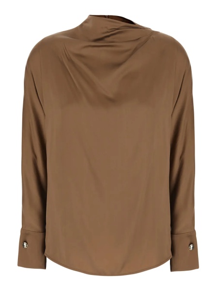Camasa Brown Shirt with Raised Collar and Jewel Buttons in Silk for Women