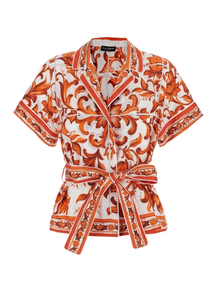 Camasa orange Shirt with all-over Maiolica print and waist belt in silk for women
