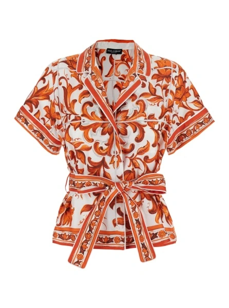 Camasa orange Shirt with all-over Maiolica print and waist belt in silk for women