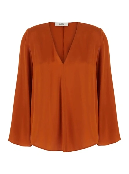 Camasa Orange V-Neck Top in Silk for Women