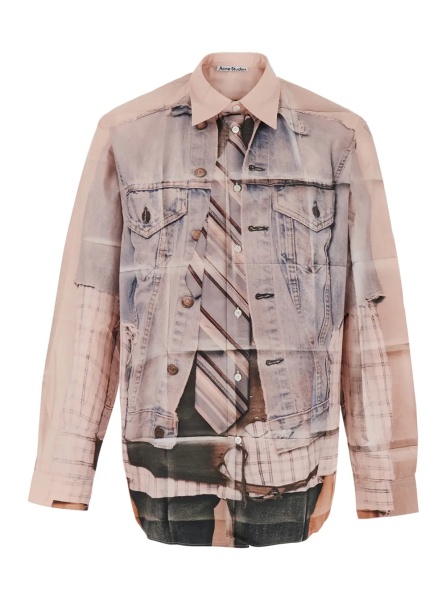 Camasa Pink Shirt with classic collar and trompe l'oeil print in cotton for men