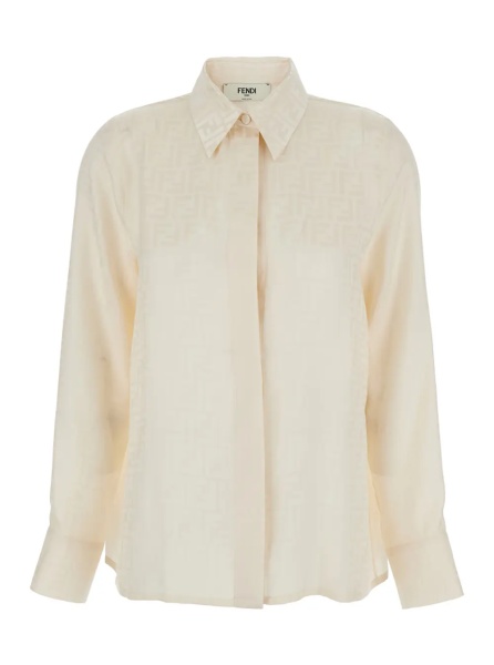 Camasa Shirt with Pointed Collar and FF Motif in White Silk for Women