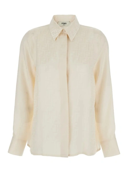 Camasa Shirt with Pointed Collar and FF Motif in White Silk for Women