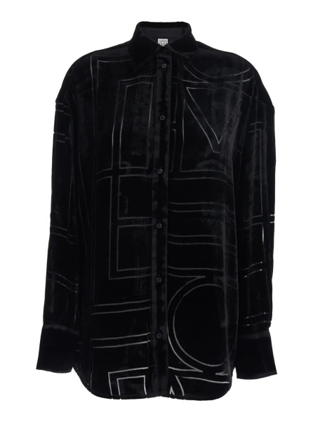 Camasa TOTÊME Black Oversized Shirt with Classic Collar and All-Over Logo Monogram in Velvet for Women