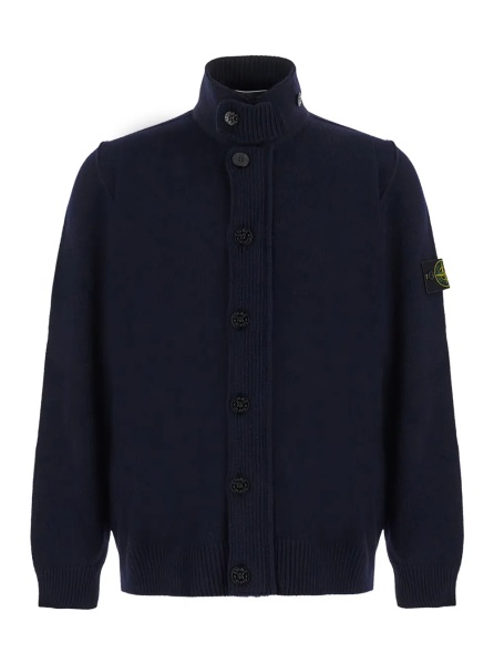 Cardigan blue Cardigan with high collar and logo patch on the sleeve in wool for Men