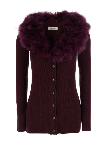 Cardigane Bordeaux Cardigan with V Neck and Removable Fur Collar in Wool for Women