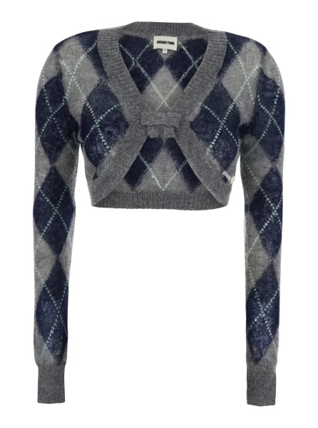 Cardigane Grey Crop cardigan with all-over diamond motif in mohair and wool Woman