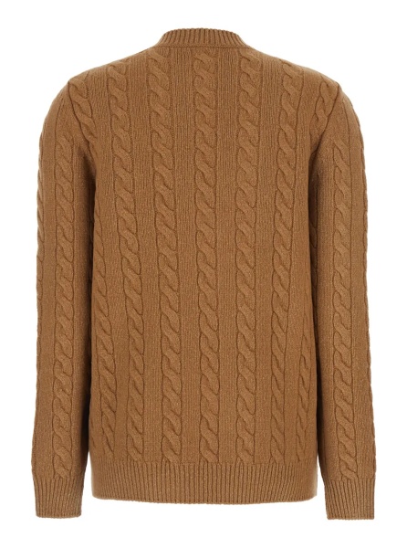 Cardigane Loneke' Beige Crewneck Cable Knit Cardigan with Ribbed Trims in Wool Woman