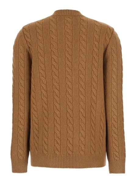 Cardigane Loneke' Beige Crewneck Cable Knit Cardigan with Ribbed Trims in Wool Woman