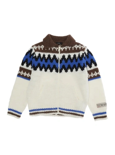 Cardigane Multicolor Cardigan with geometric motif and logo patch on the sleeve in blend wool girl