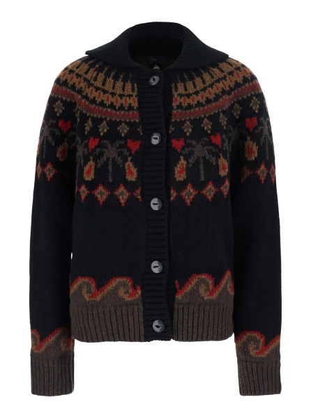 Cardigane 'Sweet Winter' Black Cardigan with shawl collar and geometric motif in wool for women