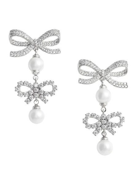 Cercei Double Bow Earrings with All-Over Crystal Decoration in Silver-Colored Copper for Women