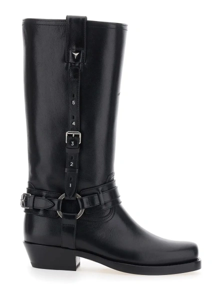 Cizme Black boots with rounded toe and side buckle straps in leather for women