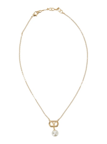 Coliere Chain Necklace with VLogo Charm and Metallic Pearl for Women