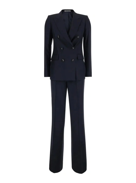 Costum Blue Double-breasted Suit with Peak Revers in Fabric for Women
