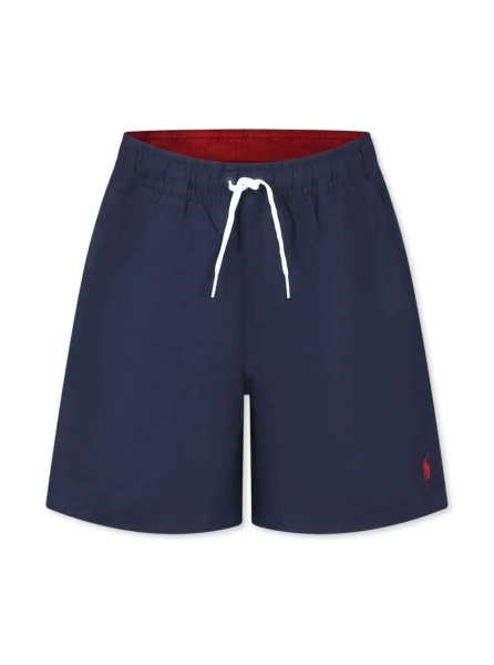 Costum de baie Blue Swimsuit with Elastic Waist and Embroidered Pony on the Front in Tech Fabric for Kids