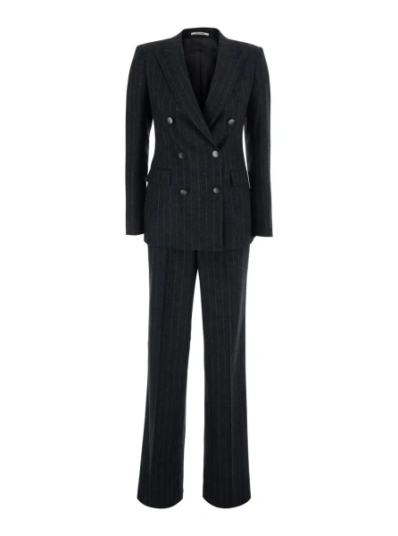Costum Grey Double-breasted suit with all-over stripes motif in wool blend for women