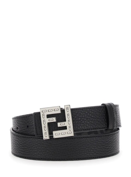Curea Belt with FF Logo Plate in Metallic and Black Grained Leather for Men