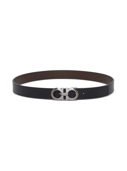 Curea Bicolor Leather Belt with Gancini Buckle on the Front in Black and Brown for Men