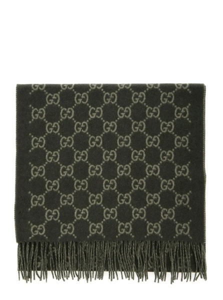 Esarfa Green Scarf with Fringed Hem and GG Motif Jacquard in Cashmere Man