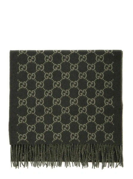 Esarfa Green Scarf with Fringed Hem and GG Motif Jacquard in Cashmere Man