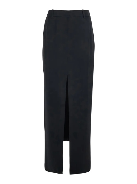 Fusta Black Long Skirt with Single Vent on the Front and Hidden Zip Closure on the Side in Viscose Blend for Women