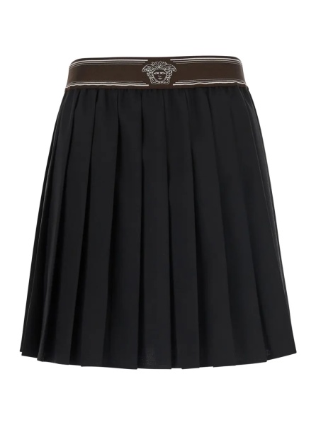 Fusta Black Pleated skirt with Medusa decoration at the waist in wool for women
