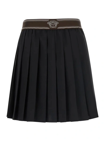 Fusta Black Pleated skirt with Medusa decoration at the waist in wool for women