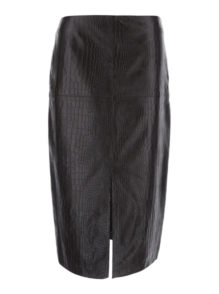Fusta Black Skirt with a single slit at the front and crocodile effect in leather for women