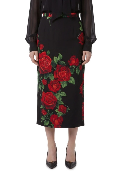 Fusta Red Rose Print Midi Skirt