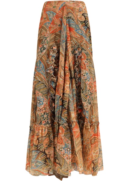 Fusta Silk long Skirt with flounce and paisley motif