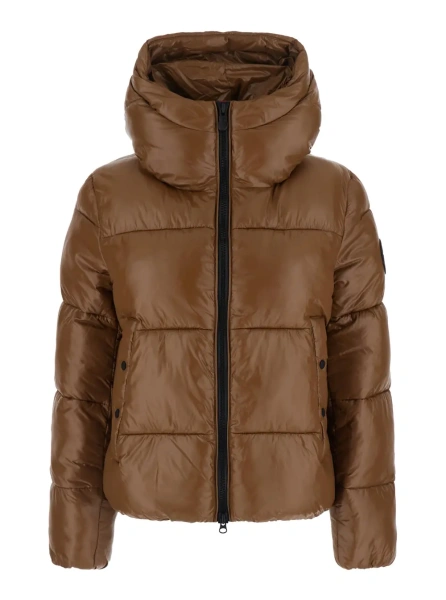 Geaca de Iarna 'Biddy' Brown Down jacket with fixed hood and logo patch on the sleeve in Tech Fabric women