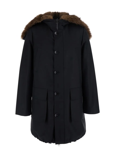 Geaca Parka Black Parka with fur hood and button closure on the front in cotton for men