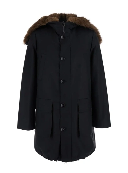 Geaca Parka Black Parka with fur hood and button closure on the front in cotton for men