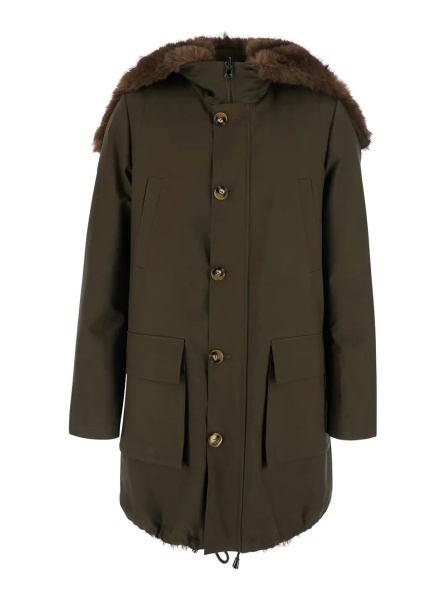 Geaca Parka Green Parka with fur hood and button closure on the front in cotton for men