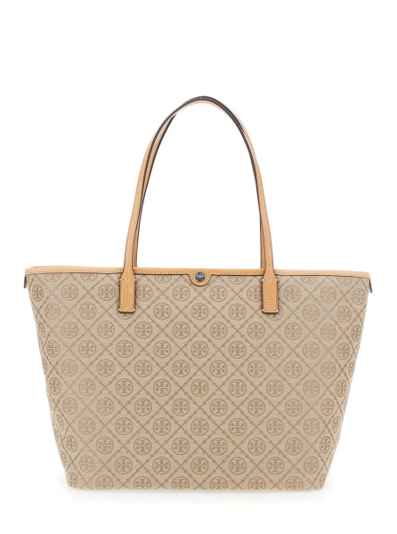 Geanta de mana Beige large tote bag with All-Over Logo Monogram and Top Zip Closure in Canvas for Women