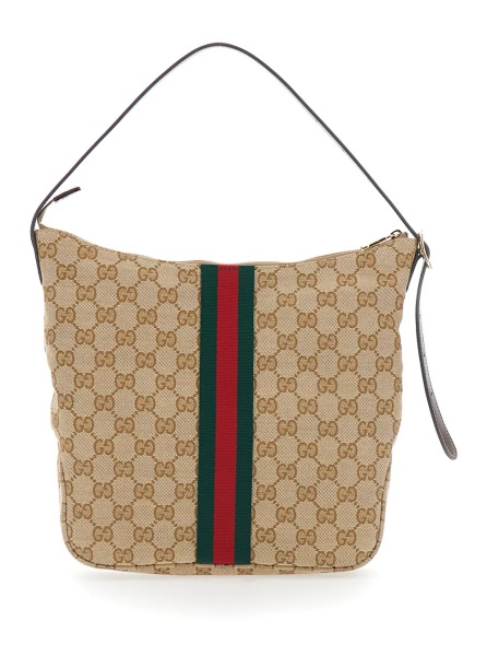 Geanta de mana 'Lunetta' Beige Medium Handbag with Web Stripe in GG Canvas for Men