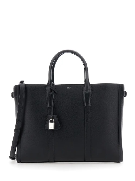 Geanta de mana Medium 'Cabas' Handbag with Lock Detail on the Front and Adjustable and Removable Hammered Black Leather Shoulder Strap for Men