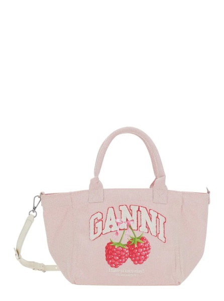 Geanta de mana Pink Small Tote Bag with Raspberry Print and Logo Lettering on the Front in Cotton for Women