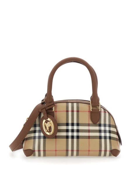 Geanta de mana 'Primrose' Beige Handbag with EKD Leather Tag and Adjustable and Removable Strap in Check Canvas for Women