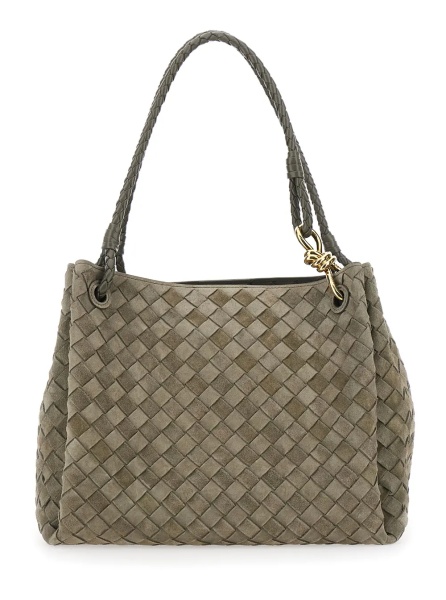 Geanta de mana Shoulder Bag 'Large Parachute' with All-Over Intreccio Motif and Removable Pouch in Green Suede for Women