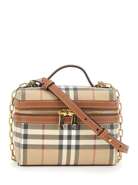 Geanta de umar Beige Crossbody bag with adjustable and removable shoulder strap and Check all-over motif in fabric for women