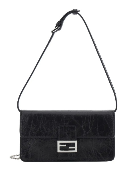 Geanta de umar black Crossbody bag with leather strap and FF chain strap in fabric for women