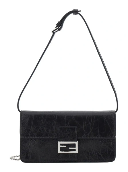 Geanta de umar black Crossbody bag with leather strap and FF chain strap in fabric for women