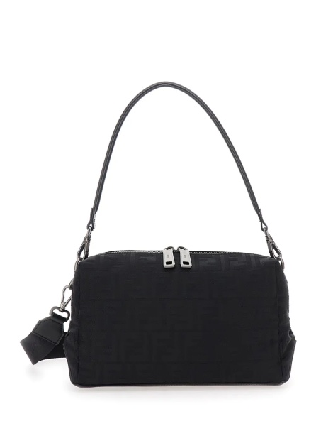 Geanta de umar Black Shoulder Bag 'Lui Medium' with FF All-Over Motif in Tech Fabric for Men