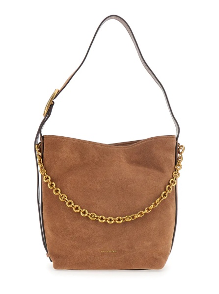 Geanta de umar Brown Shoulder Bag with Chain Detail and Logo Lettering on the Front in Suede for Women